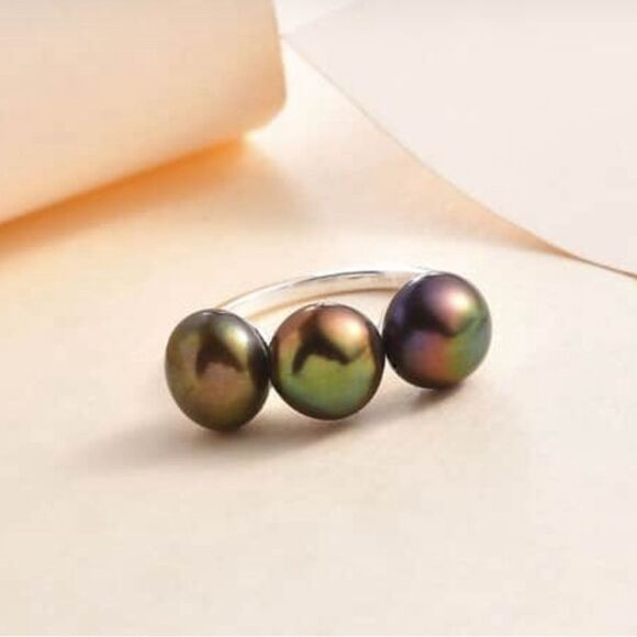 NWT Chocolate Bronze Pearls 3 Stone Ring in Sterling Silver 10 - Picture 16 of 16